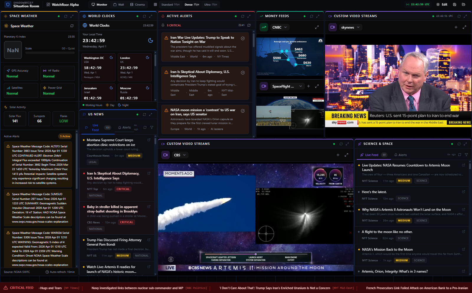 Shadow Watch live watchfloor with space weather, world clocks, active alerts, feeds, and video streams